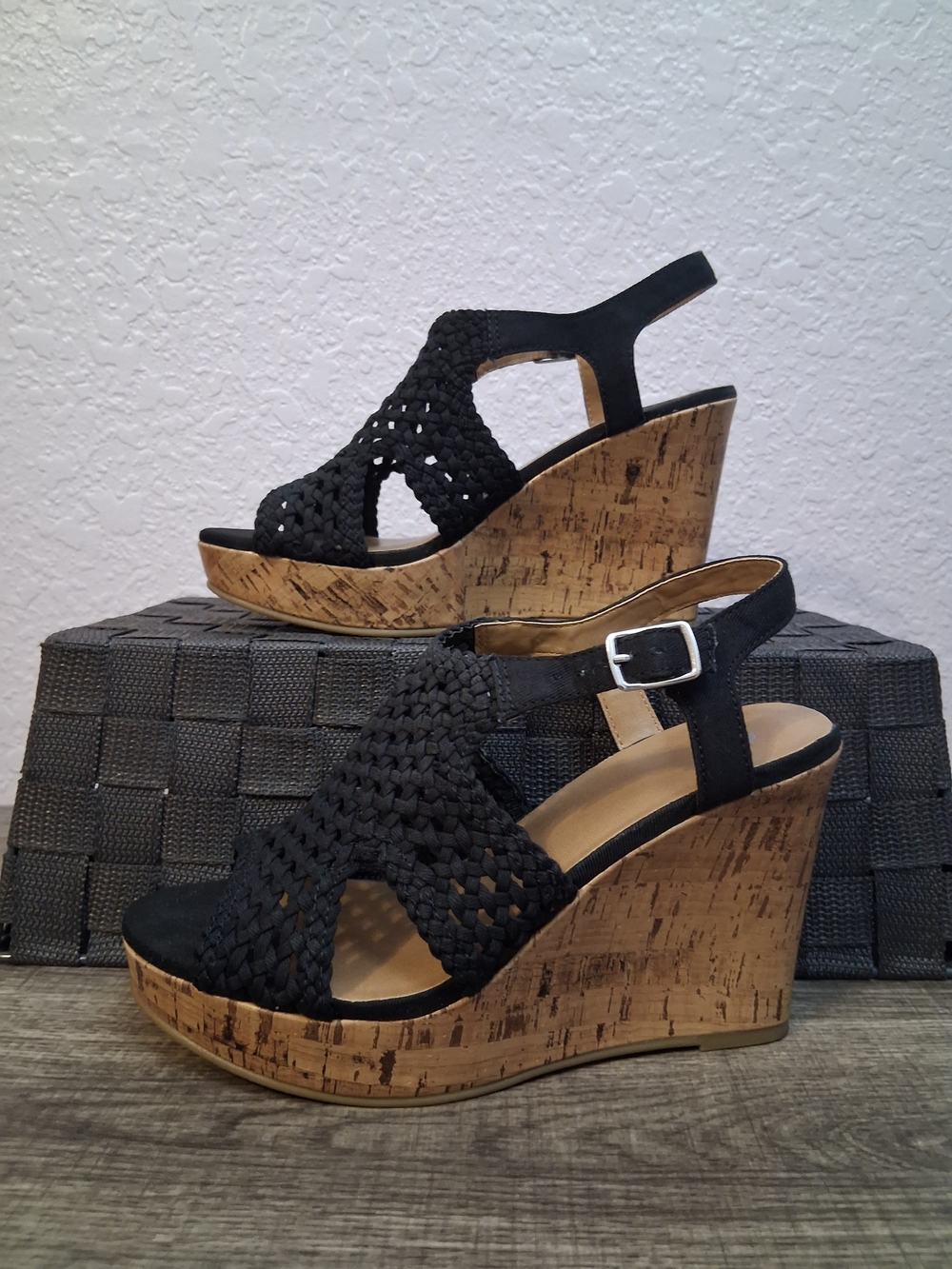SO Black Woven Cork Wedge Sandals